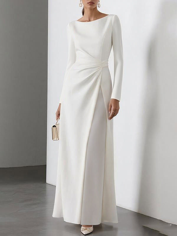 High Waisted Long Sleeves Gauze Pleated Solid Color Split-Joint Round-Neck Maxi Dresses