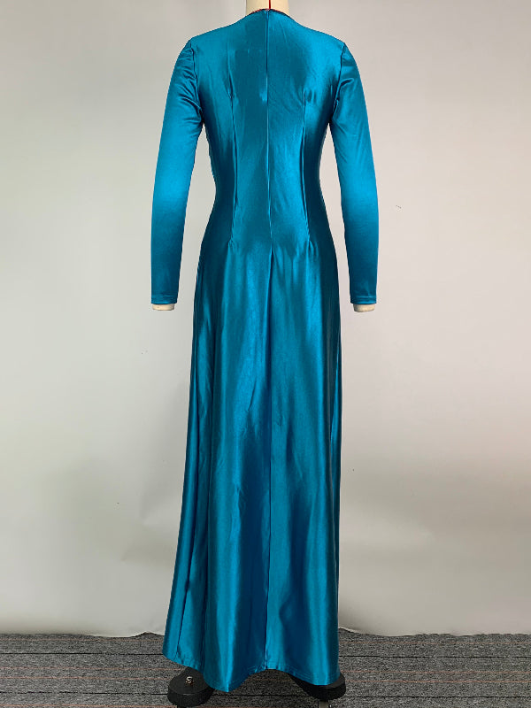 Solid Color Bodycon Long Sleeves Pleated  Split-Front Tied Waist Deep V-Neck Maxi Dresses