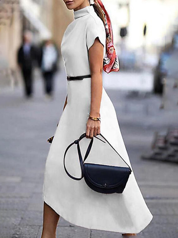A-Line Loose Asymmetric Solid Color Mock Neck Midi Dresses