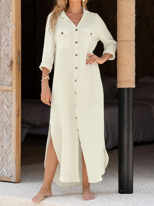 Long Sleeves Loose Buttoned Pockets Split-Side Lapel Maxi Dresses Shirt Dress
