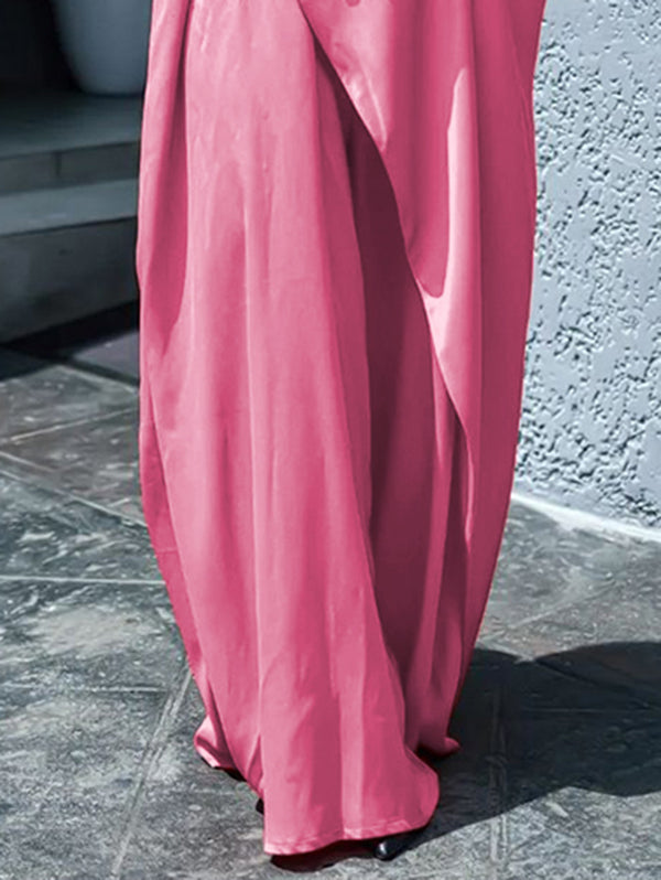 Loose Short Sleeves Asymmetric Pleated Solid Color Split-Joint V-Neck Maxi Dresses Shirt Dress