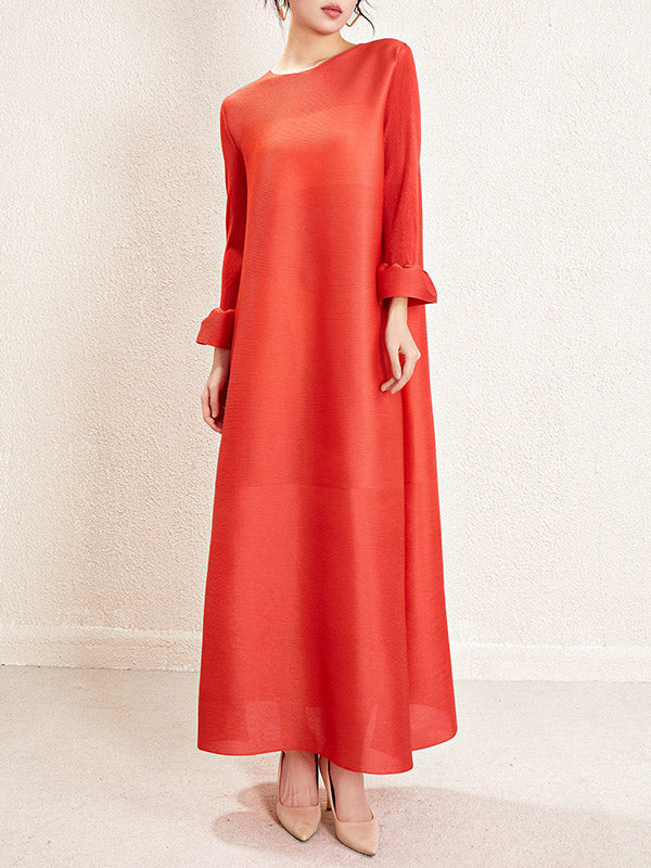 A-Line Loose Pleated Solid Color Round-Neck Maxi Dresses