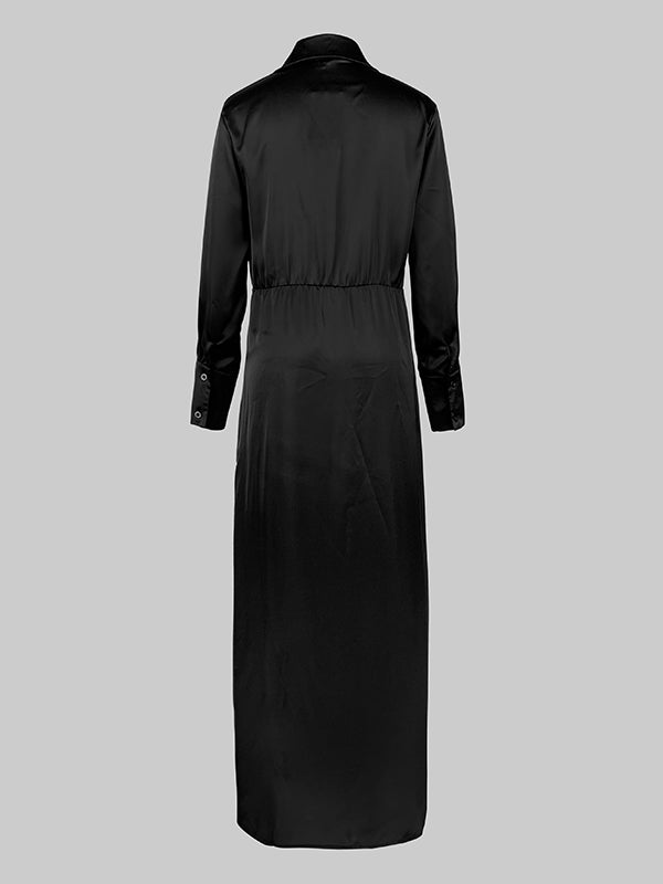 Long Sleeves Loose Solid Color Lapel Collar Maxi Shirt Dresses