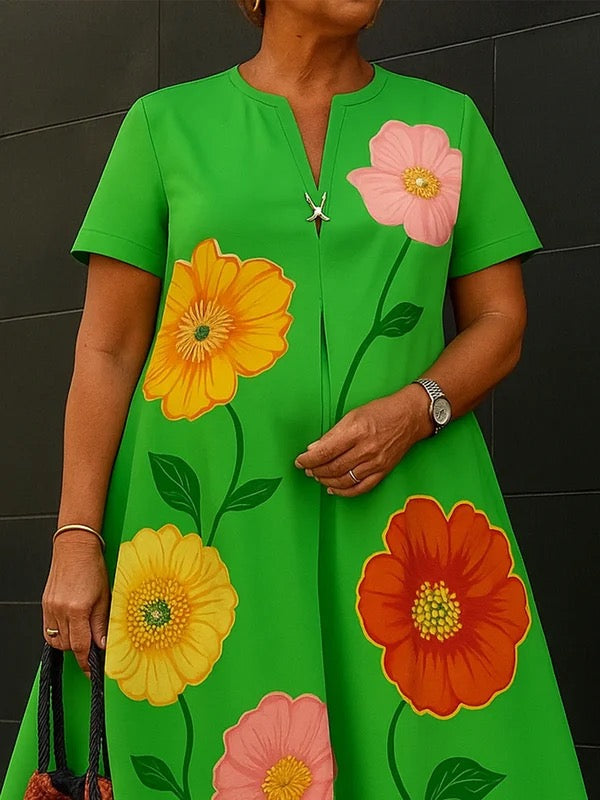 A-Line Loose Flower Print V-Neck Midi Dresses