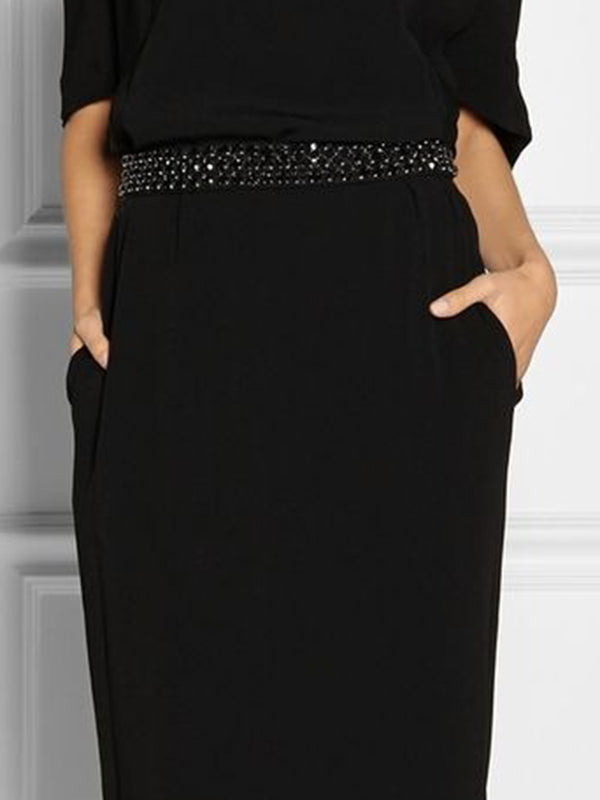 Half Sleeves Loose Rhine Stones Split-Joint Round-Neck Maxi Dresses