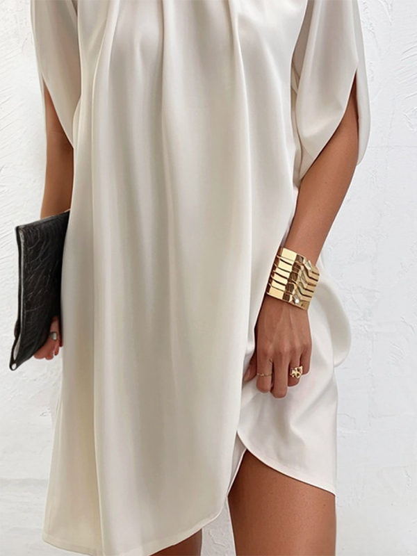 Loose Short Sleeves Solid Color Stand Collar Mini Dresses