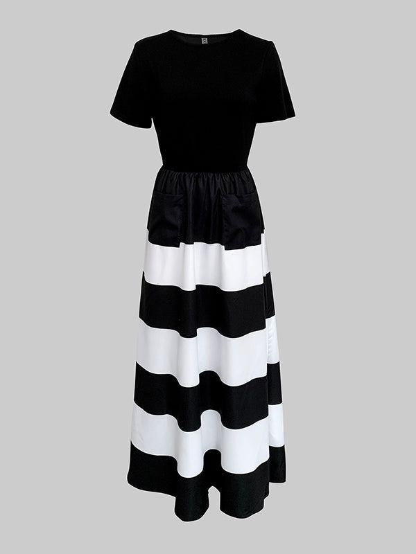 A-Line High Waisted Contrast Color Pleated Pockets Round-Neck Maxi Dresses