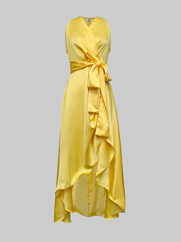 High-Low Loose Ruffle Trim Solid Color Tied Waist V-Neck Maxi Dresses