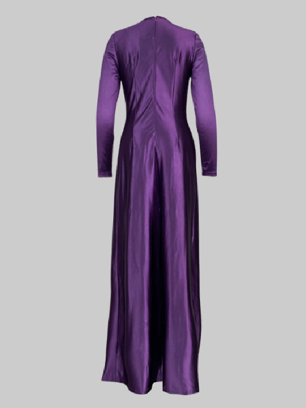 Solid Color Bodycon Long Sleeves Pleated  Split-Front Tied Waist Deep V-Neck Maxi Dresses