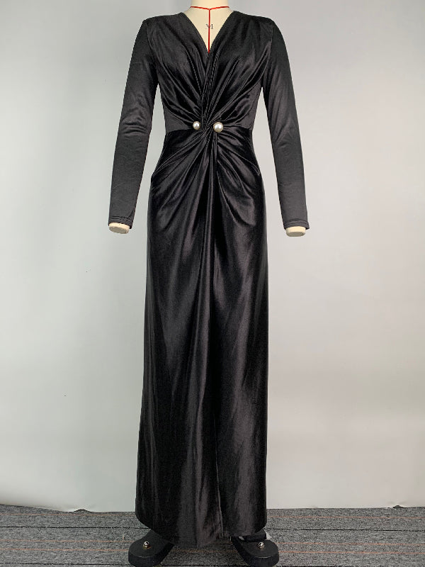 Solid Color Bodycon Long Sleeves Pleated  Split-Front Tied Waist Deep V-Neck Maxi Dresses