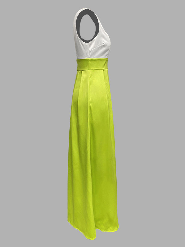 A-Line High Waisted Contrast Color Pleated Zipper Deep V-Neck Maxi Dresses