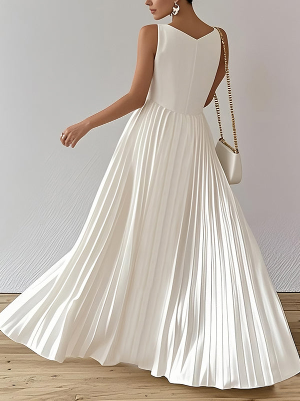 A-Line Loose Pleated Solid Color V-Neck Maxi Dresses