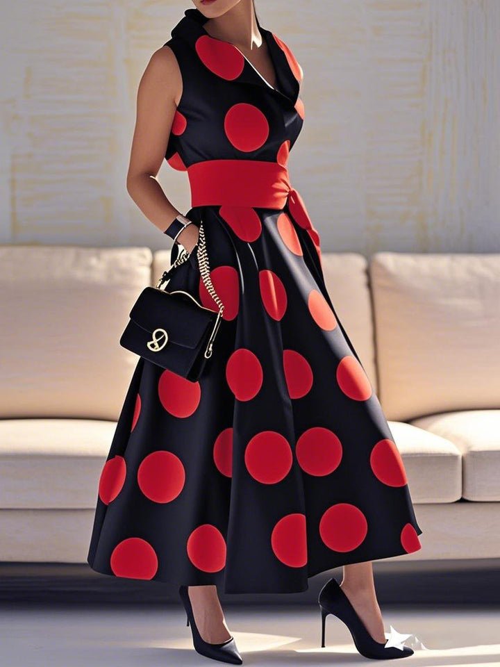 A-Line Loose Pockets Polka-Dot Split-Joint Tied Waist Lapel Maxi Dresses Shirt Dress