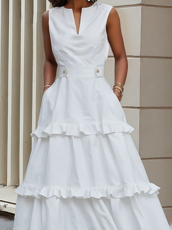 A-Line High Waisted Buttoned Pleated Pockets Solid Color Split-Joint V-Neck Maxi Dresses