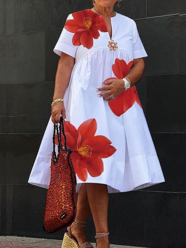 A-Line Loose Flower Print Pleated V-Neck Midi Dresses