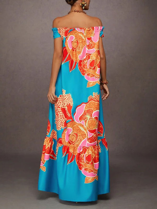A-Line Loose Elasticity Flower Print Pleated Split-Joint Off-The-Shoulder Maxi Dresses