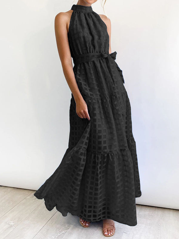 Loose Sleeveless Plaid Ribbed Stand Collar Maxi Dresses