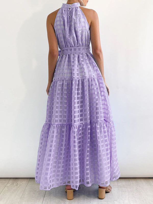 Loose Sleeveless Plaid Ribbed Stand Collar Maxi Dresses