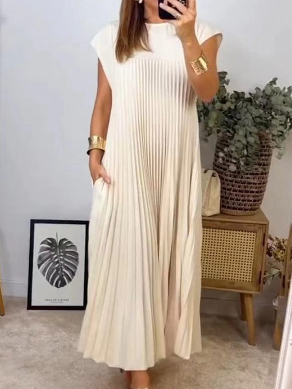 A-Line High Waisted Pleated Pockets Solid Color Split-Joint Round-Neck Maxi Dresses