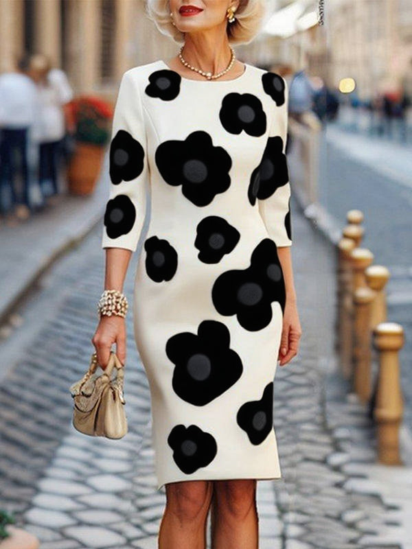 Three-Quarter Sleeves Flower Print Round-Neck Midi Dresses
