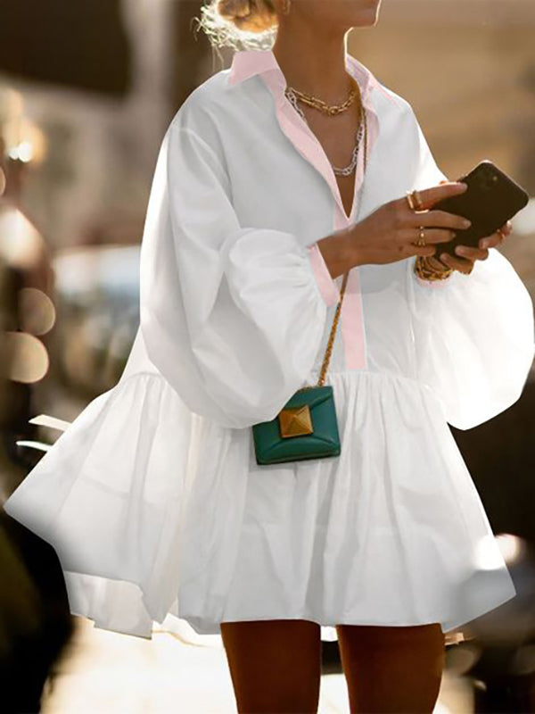 A-Line Long Sleeves Buttoned Contrast Color Pleated Lapel Mini Dresses Shirt Dress
