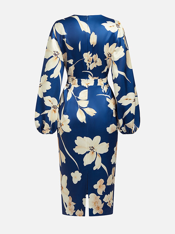 Loose Puff Sleeves Floral Printed Pleated Split-Joint V-Neck Midi Dresses