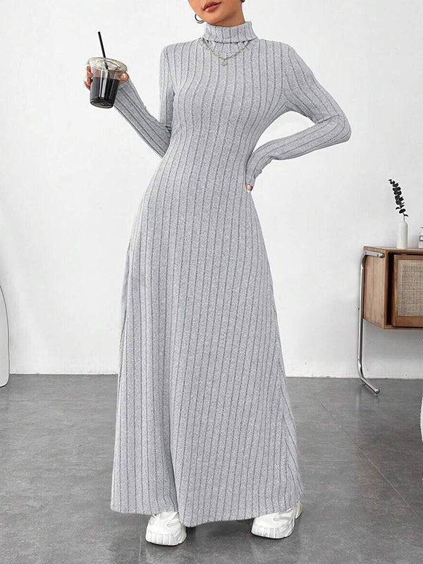 Long Sleeves Pleated Solid Color Split-Joint High Neck Maxi Dresses