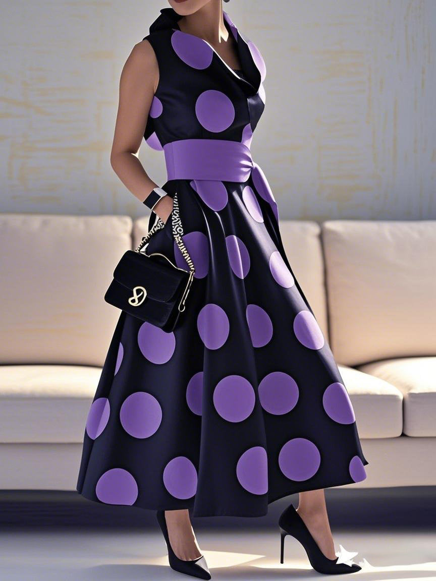 A-Line Loose Pockets Polka-Dot Split-Joint Tied Waist Lapel Maxi Dresses Shirt Dress