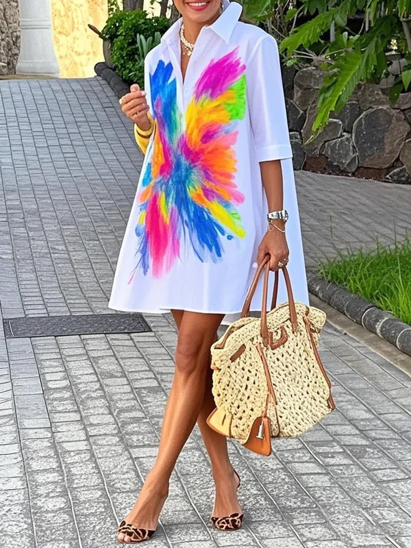 Half Sleeves Loose Buttoned Contrast Color Printed Lapel Mini Dresses Shirt Dress