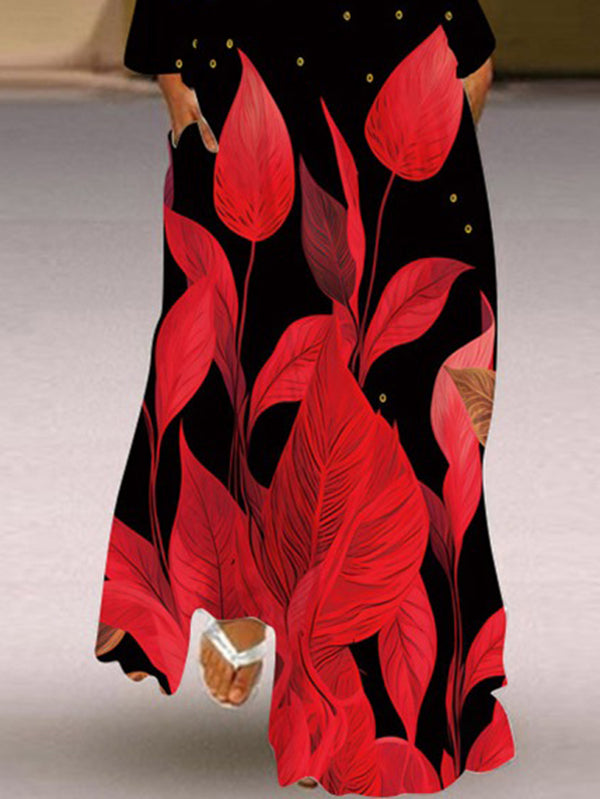 Long Sleeves Loose Contrast Color Printed Split-Joint V-Neck Maxi Dresses
