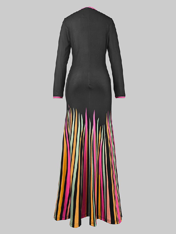 Long Sleeves Skinny Colorful Contrast Color Striped V-Neck Maxi Dresses