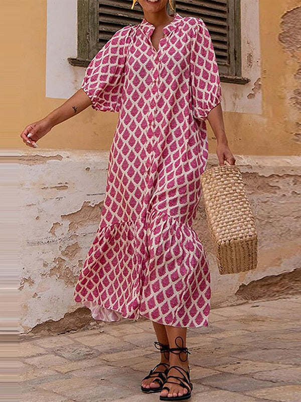 Half Sleeves Loose Buttoned Printed Stand Collar Midi Dresses