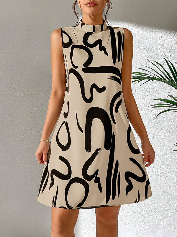 A-line Sleeveless Contrast Color Printed Mini Dresses
