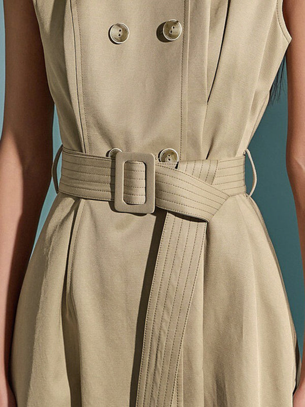 A-Line High Waisted Belted Buttoned Pockets Solid Color Round-Neck Maxi Dresses