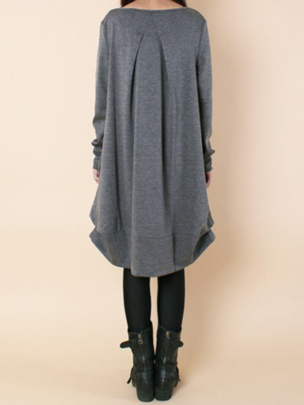 A-line Long Sleeves Pleated Solid Color Round-neck Dresses Maxi Dresses