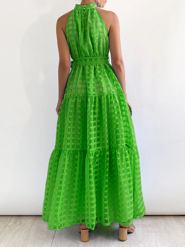 Loose Sleeveless Plaid Ribbed Stand Collar Maxi Dresses