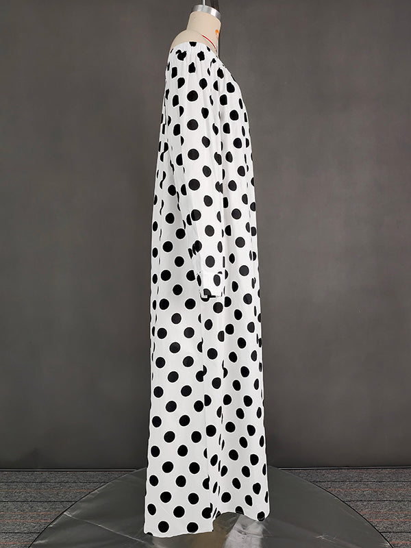 A-Line Long Sleeves Elasticity Polka-Dot Split-Joint Off-The-Shoulder Maxi Dresses