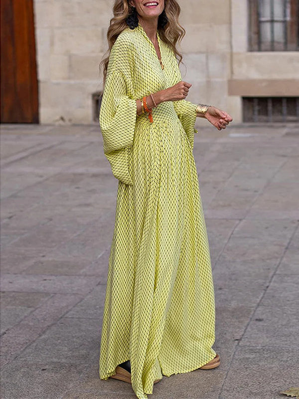 Raglan Sleeve Pleated Split-Joint V-Neck Maxi Dresses