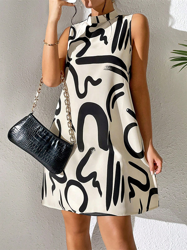 A-line Sleeveless Contrast Color Printed Mini Dresses