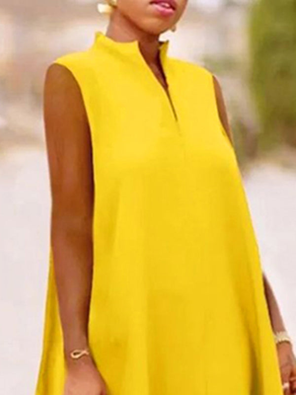 A-Line Sleeveless Solid Color Split-Joint Split-Side Streamer V-Neck Midi Dresses