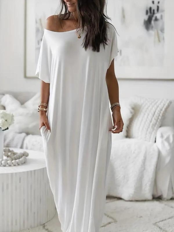 Loose Short Sleeves Solid Color Round-Neck Maxi Dresses