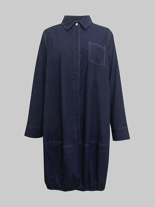 Long Sleeves Loose Buttoned Pockets Solid Color Lapel Midi Dresses