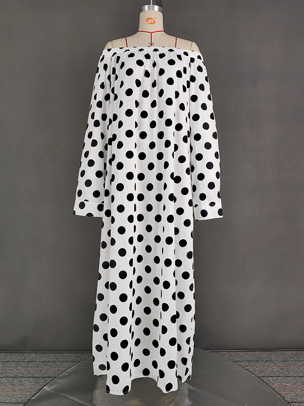 A-Line Long Sleeves Elasticity Polka-Dot Split-Joint Off-The-Shoulder Maxi Dresses