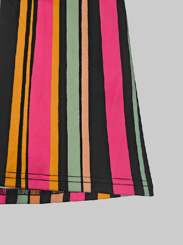 Long Sleeves Skinny Colorful Contrast Color Striped V-Neck Maxi Dresses