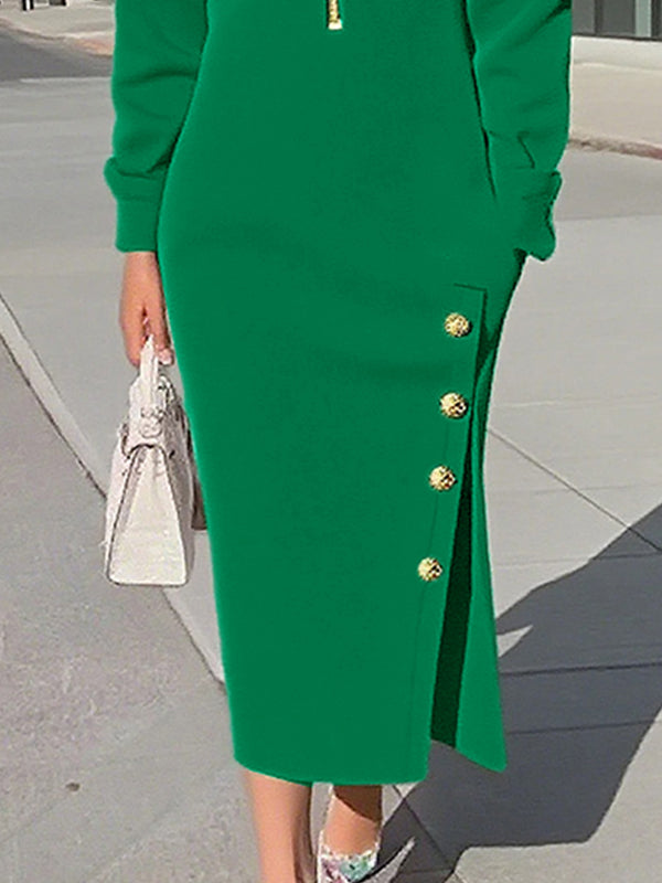 Long Sleeves Asymmetric Split-Joint Split-Side Zipper Lapel Maxi Dresses