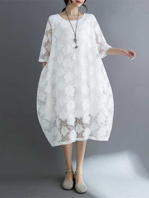 Half Sleeves Loose Hollow Solid Color Round-Neck Midi Dresses