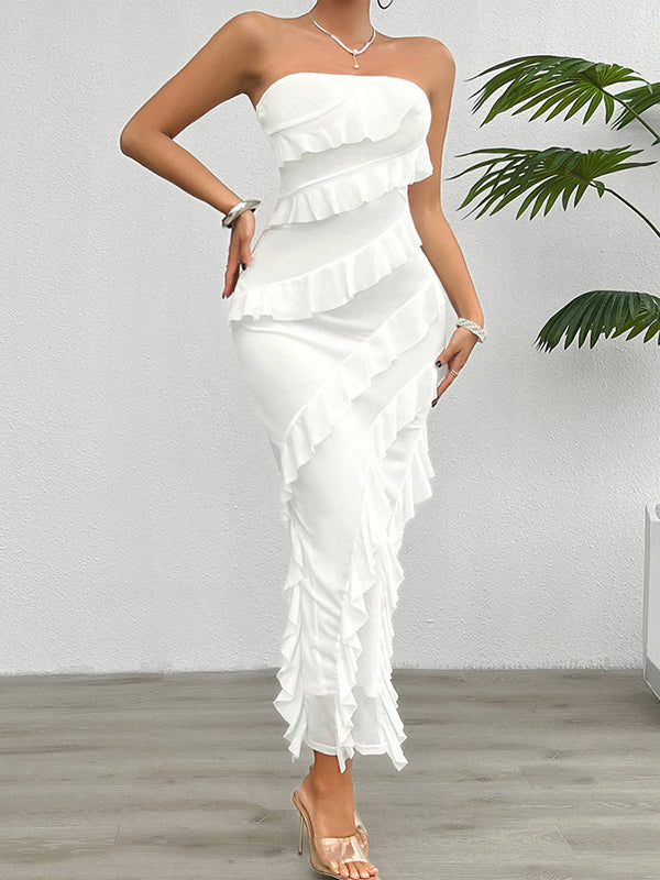 Bodycon High Waisted Ruffle Trim Solid Color Split-Back Split-Joint Tube Maxi Dresses