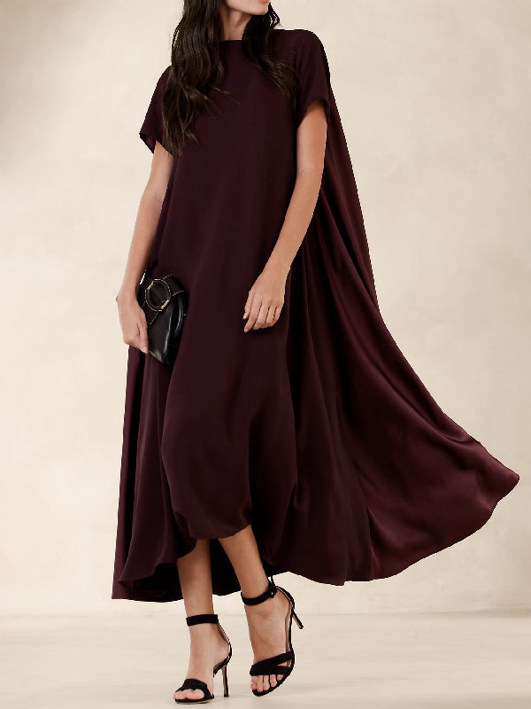 Loose Short Sleeves Pockets Solid Color Round-Neck Maxi Dresses