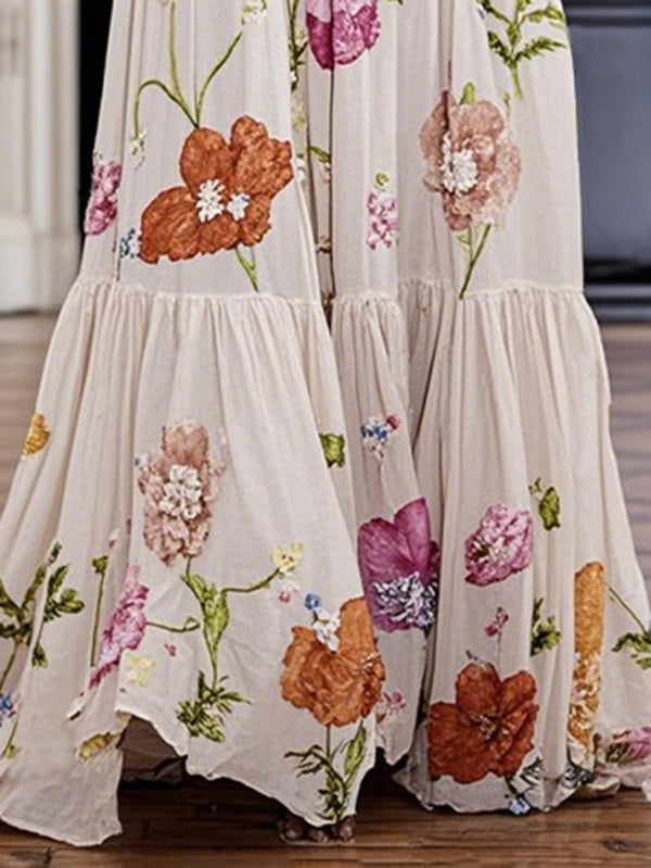 A-Line Loose Floral Printed Pleated Split-Joint Round-Neck Evening Dresses Maxi Dresses