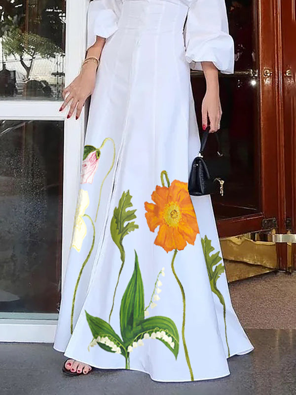 A-Line High Waisted Buttoned Flower Print Lapel Maxi Dresses Shirt Dress